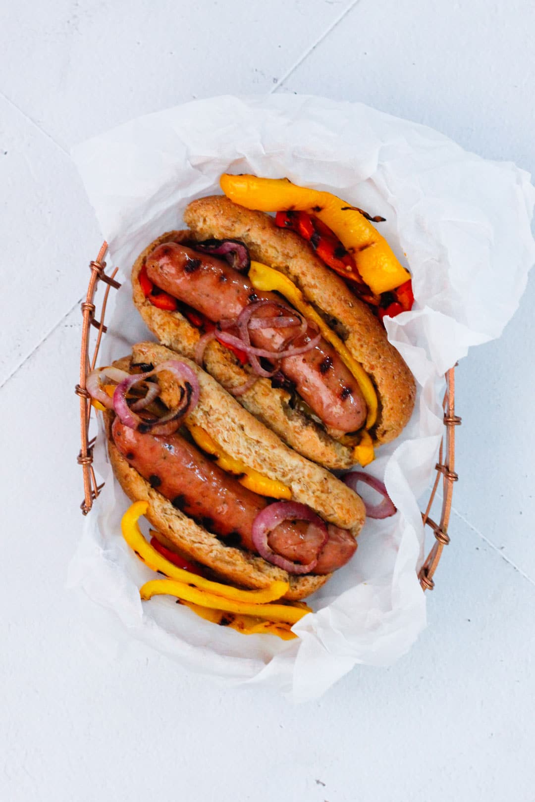 Grilled Bratwursts with Caramelized Onions and Peppers