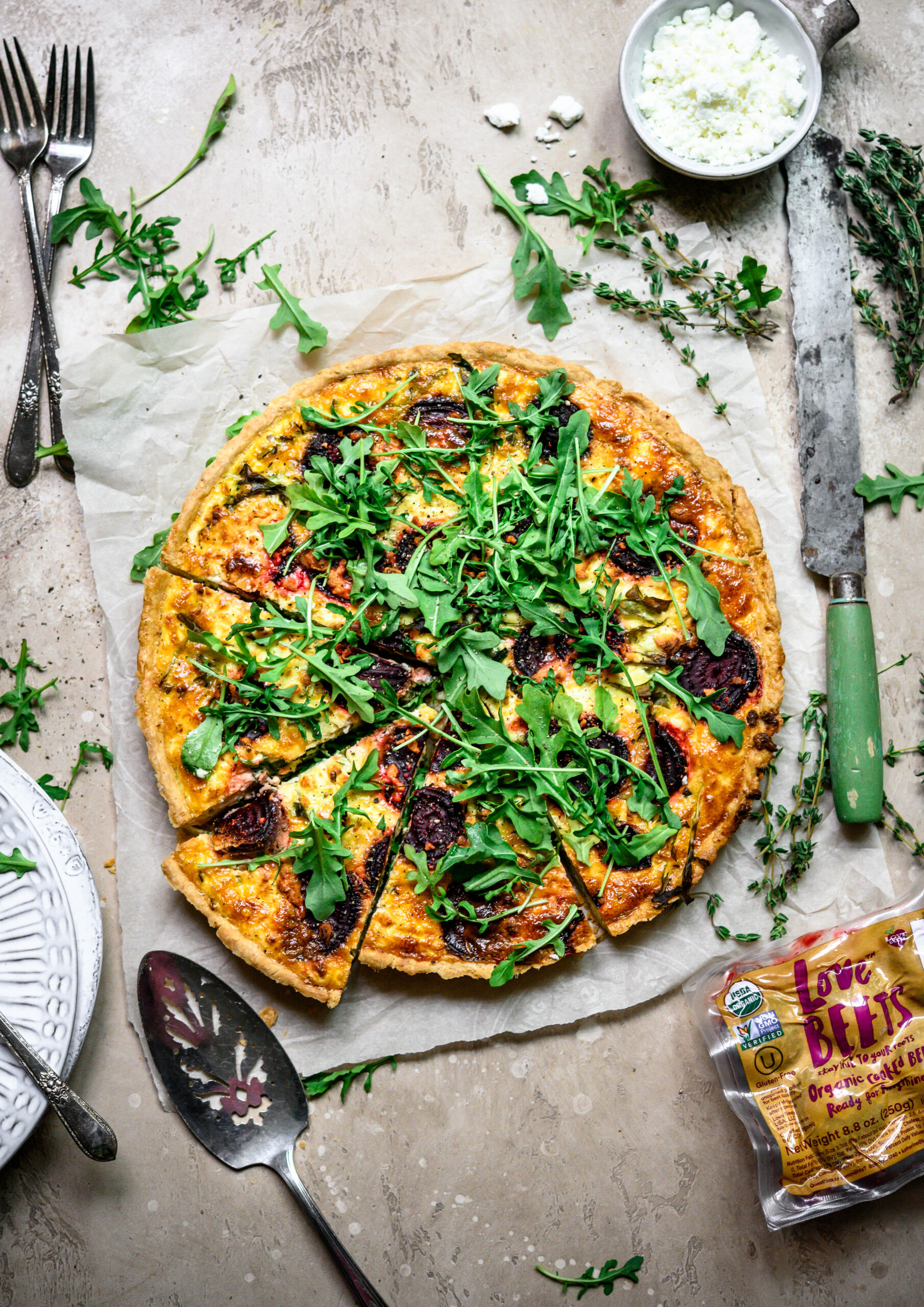 Beet, Arugula, and Goat Cheese Quiche from Love Beets