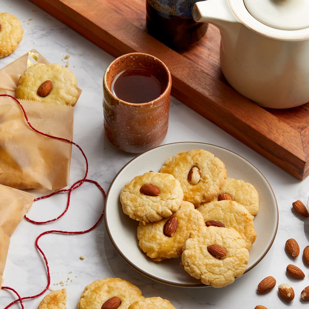 Chinese almond cookies with a cup of tea